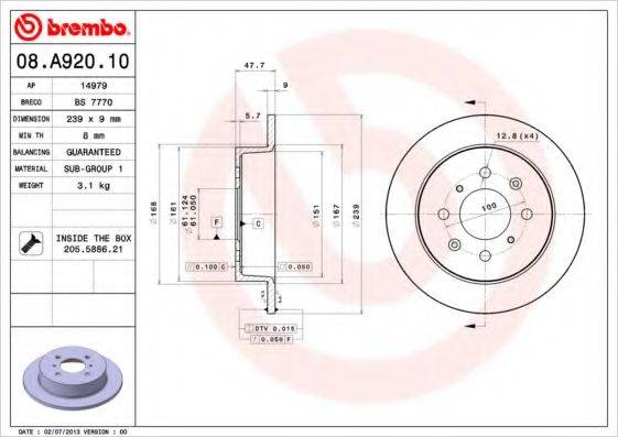 Тормозной диск BREMBO 08.A920.10