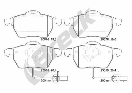 Колодки гальмівні (передні) Audi A4/A6/Skoda Superb/VW Passat 1.9TDI/2.5TDI 96- (з датчиками) breck 23018 00 701 10