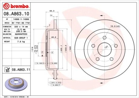 Тормозной диск brembo 08.A863.10