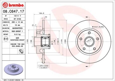 Тормозной диск brembo 08.C647.17