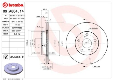 Диск тормозной TOYOTA COROLLA передн. (выр-во) brembo 09.A864.14