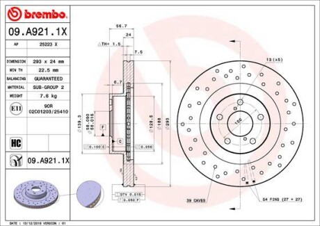 Гальмівний диск brembo 09.A921.1X