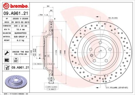 Тормозной диск brembo 09.A961.21