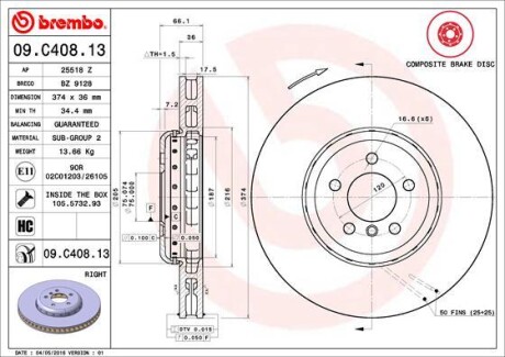 Гальмівний диск brembo 09.C408.13