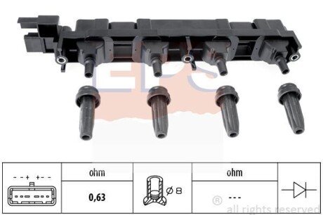 PEUGEOT котушка запалювання 307 2,0 16V 03-,406 2,2 00-,407 1,8/2,2 04-,606 2,2 00- eps 1.970.509