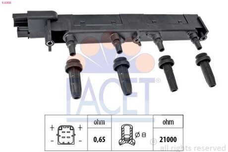 Катушка зажигания Citroen C5/Jumpy/ Peugeot 206/307/407 1.8/2.0 99- (9.6308) facet 96308