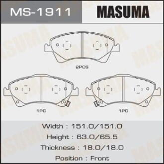 Колодки гальмівні передн Toyota Auris (06-15), Avensis (08-), Corolla (06-10) (MS-1911) masuma ms1911