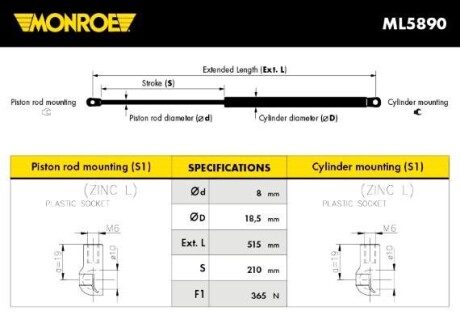 Газова пружина, кришка багажника monroe ml5890