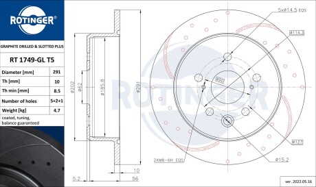 Диск тормозной задний (кратно 2) Lexus IS II [291X61] (RT 1749-GL T5) rotinger rt1749glt5