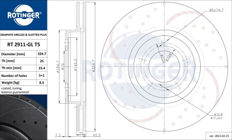 Диск тормозной передний (кратно 2) BMW 3 (E46), Z4 (E85,86) [325X53 перфорир.] rotinger rt2911glt5