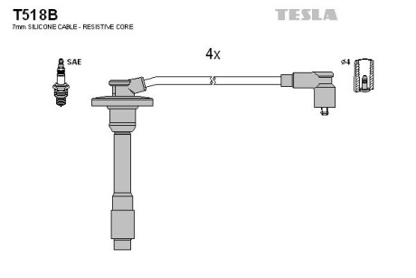 Провода высоковольтные, комплект Toyota Avensis 1.6 (97-00),Toyota Avensis 1.8 (97-00) BLATNA tesla t518B