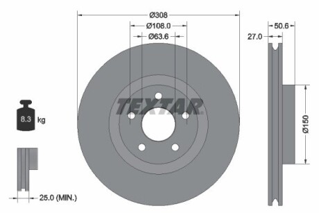 Диск гальмівний (передній) Ford Focus 1.0/1.5 EcoBoost/2.0 EcoBlue 18- (308x27) PRO textar 92306703